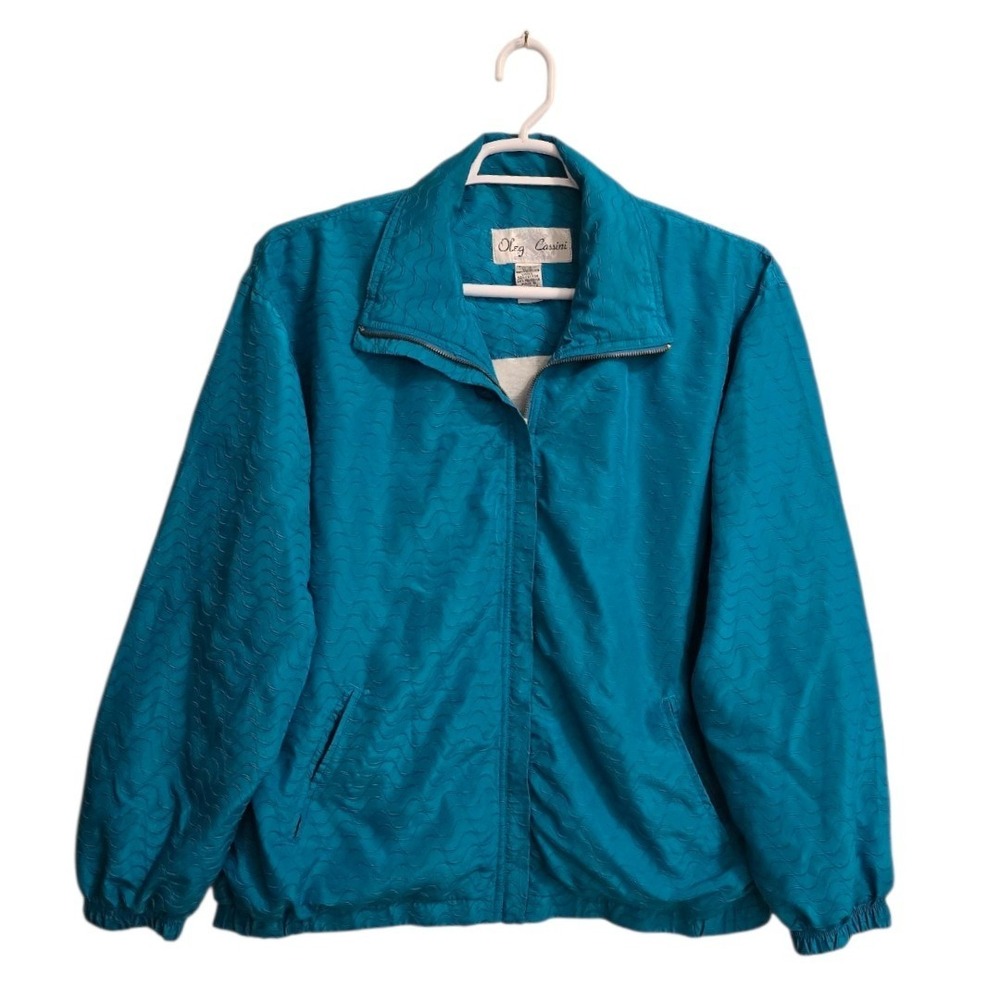 Oleg Cassini Vintage Wavy Texture Full Zip Jacket In Teal Sz XL